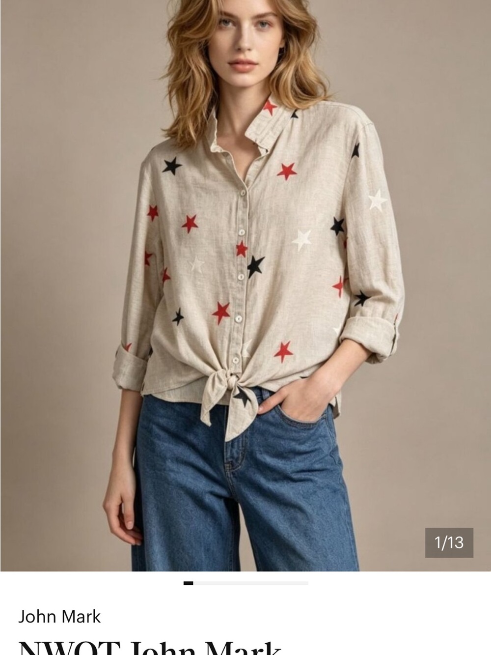 John Mark Beige Star-Print linen Tie-Front Button-Down Shirt